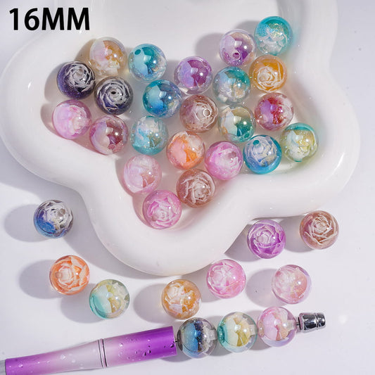 UV Coated Shiny Peony Flower Round Acrylic Beads 16MM Random Mix