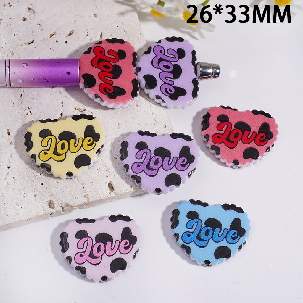 Wavy Heart Shape Acrylic Beads with ‘LOVE’ Text & Cow Print Design 26*33MM Random Mix
