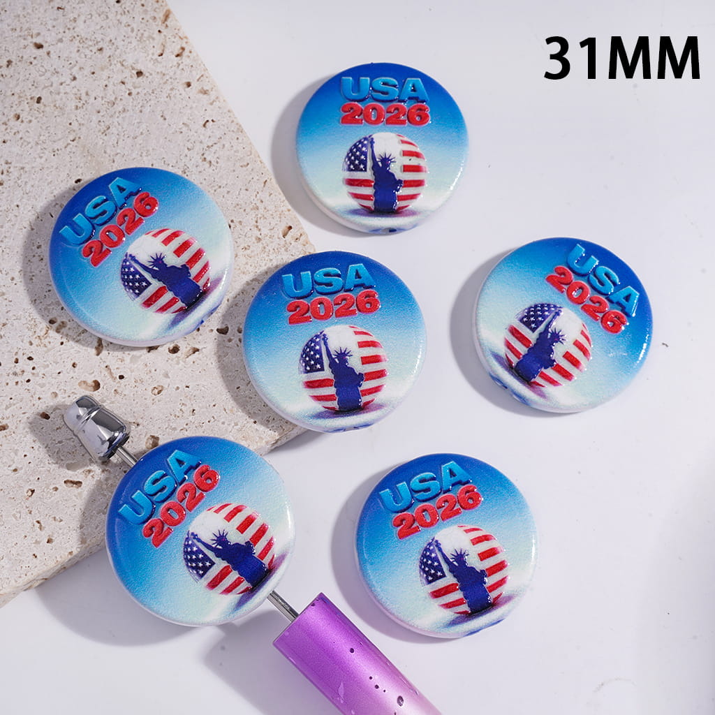 USA 2026 Freedom Girl with God Portrait & Football Theme Flat Round Shape Acrylic Beads 31MM