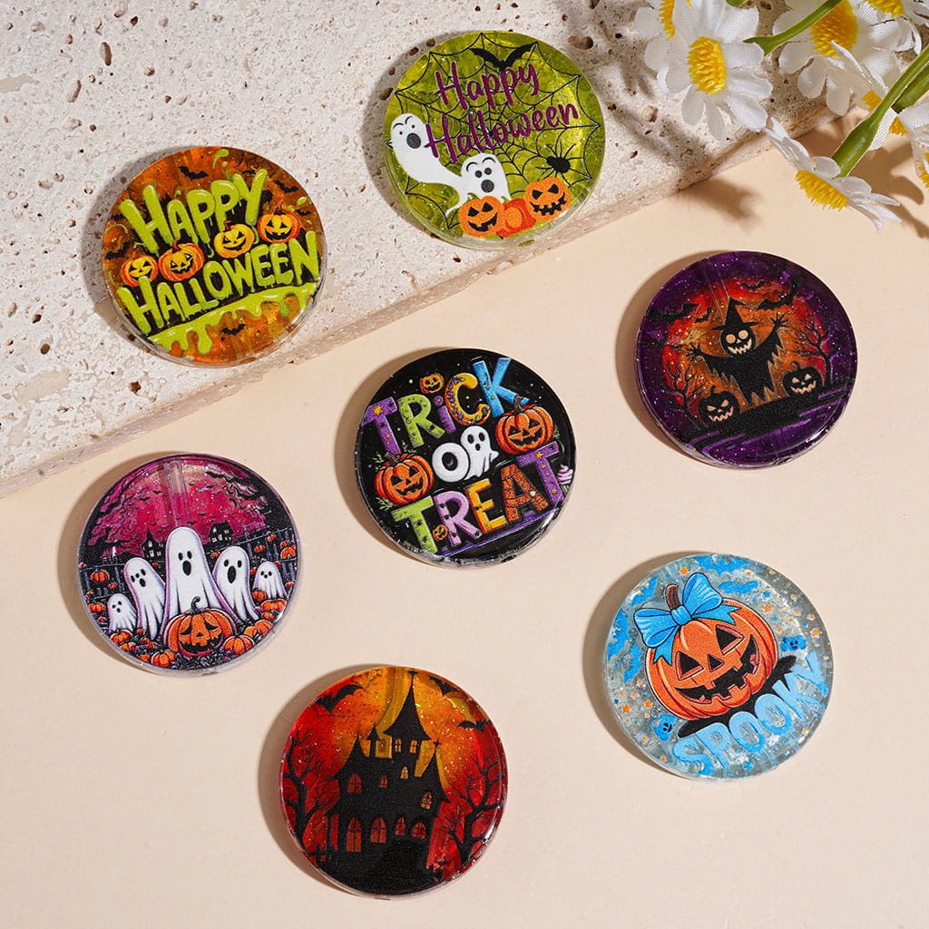 Halloween Acrylic Beads with Gold Foil Paper, Around 32MM, Semi-Clear, Flat Round Shape, Random Mix