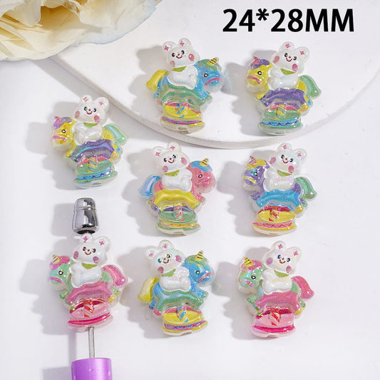 UV Coated Cute Bunny Carousel Horse Ride Acrylic Beads 24*28MM Random Mix