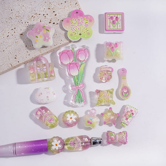 Tulip Flowers and Bowknot in Light Pink Series  in Various Shape & Design Acrylic Beads Pendants Random Mix