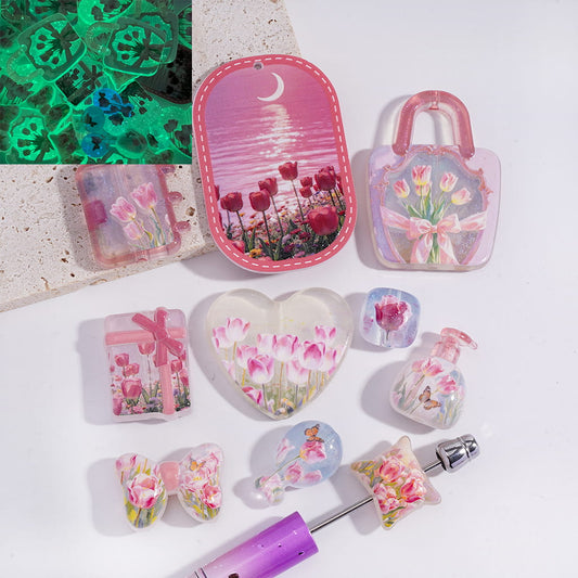 Pink Luminous Tulip Flowers Theme Series in Various Shape & Design Acrylic Beads Pendants Random Mix