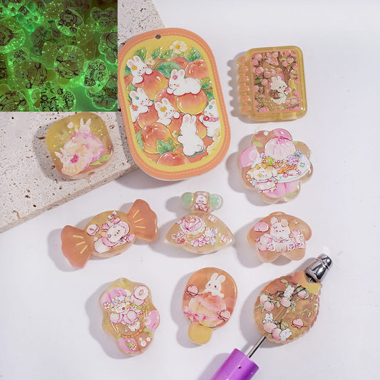 Luminous Bunny and Peach Fruit Prints Series in Various Shape & Design Acrylic Beads Pendants Random Mix