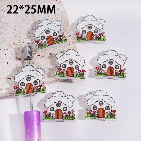 Translucent Cloud Cute Mini House with Flower Acrylic Beads 22*25MM