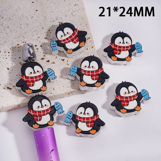 Translucent Cute Penguin with Red Scarf Holding Fish Acrylic Beads 21*24mm