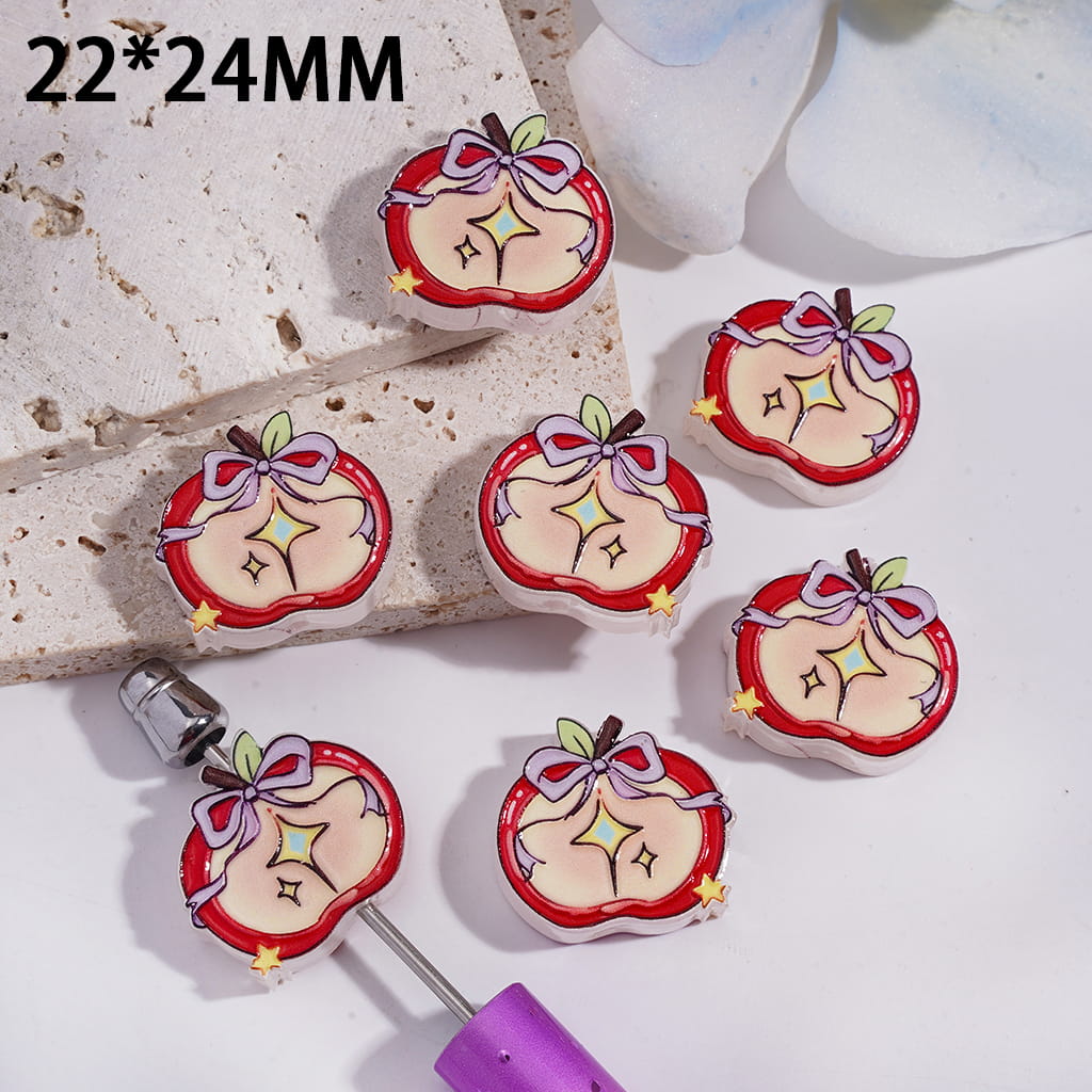 Cute Half Apple Character with Pink Bowtie & Yellow Star Translucent Acrylic Beads 22*24mm