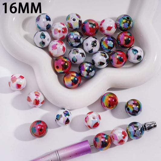 UV Coating Poker Card Suits Prints Round Acrylic Beads for Bracelets 16MM, Random Mix