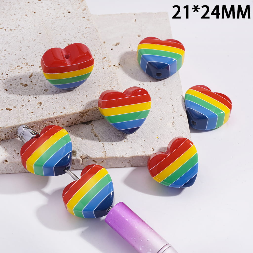 Glossy Heart Shape Acrylic Beads with Rainbow Stripe Design 21*24MM