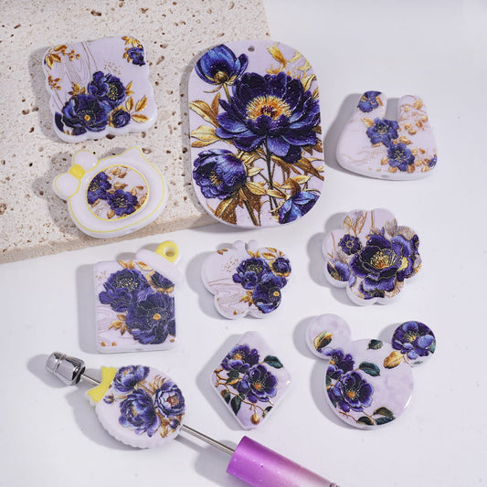 Purple Peony Flower Theme Elegant Floral Design Acrylic Beads Pendants Random Mix