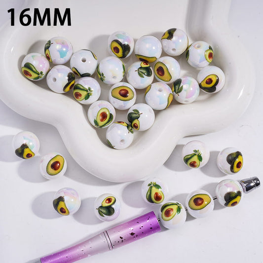 UV Coating Cute Food Theme Avocado Prints, Round Acrylic Beads for Bracelets 16MM Random Mix