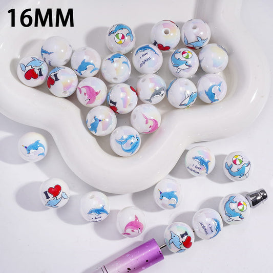 UV Coating Cute Dolphin Ocean Series Print on Round Acrylic Beads for Bracelets 16MM Random Mix