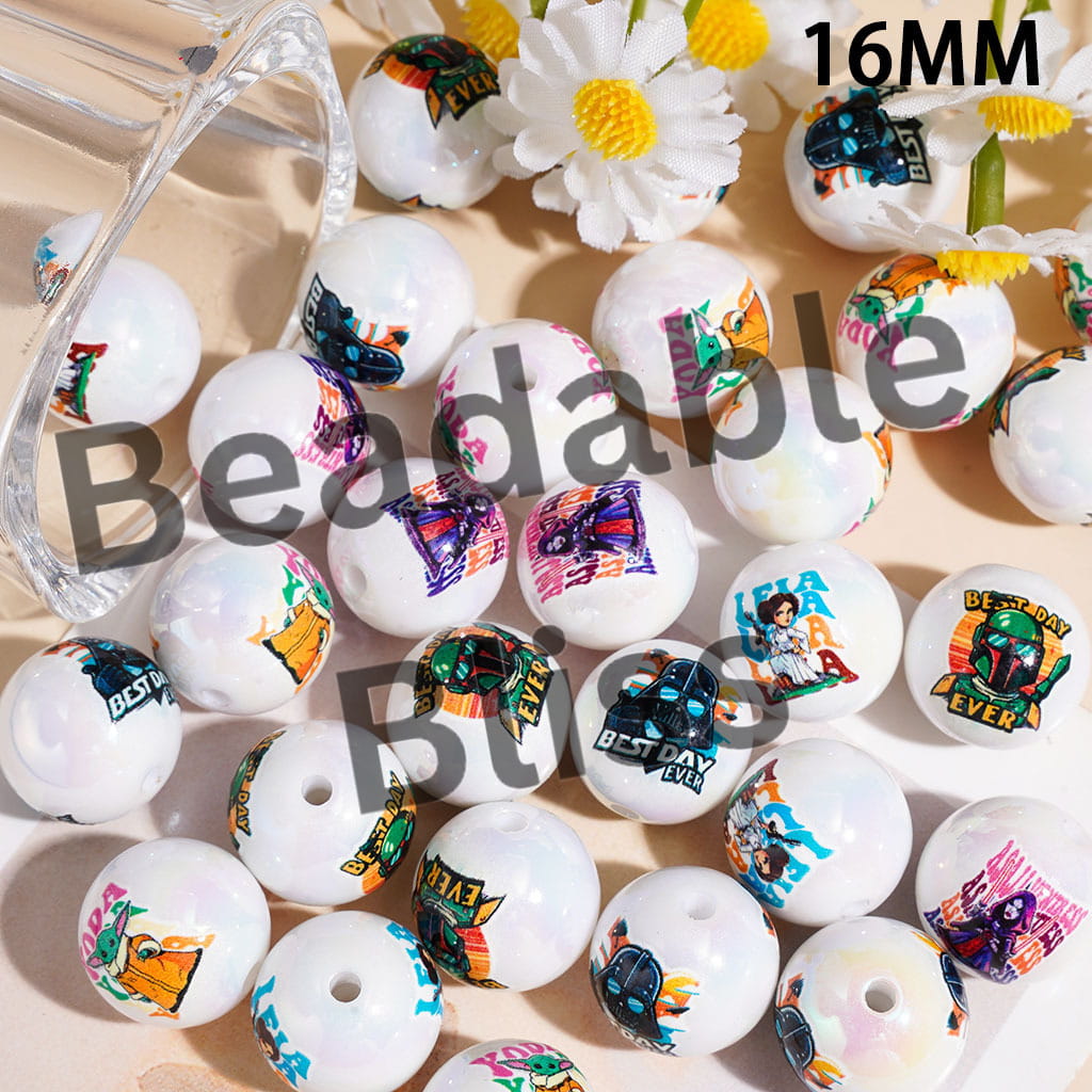UV Coating Space Saga Character Series Printed Acrylic Beads for Bracelets, 16MM, Random Mix