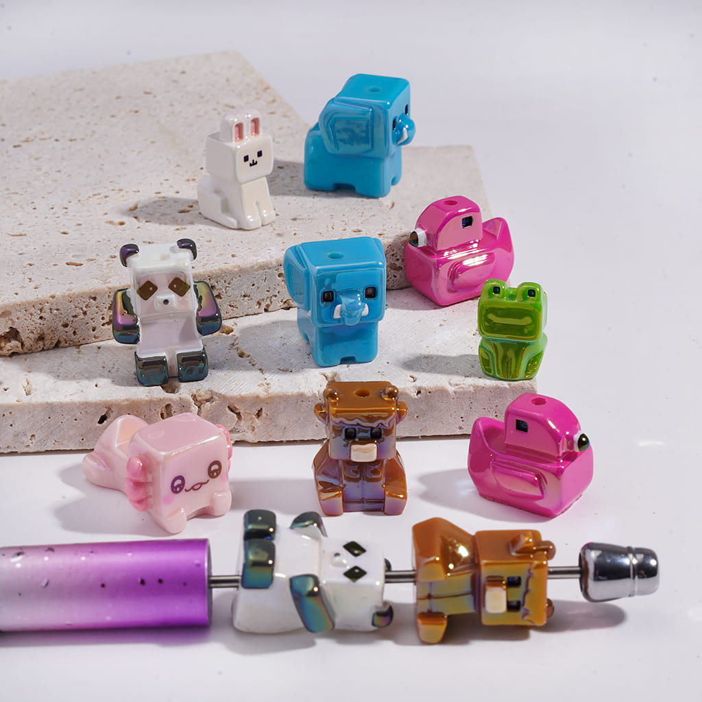 UV Coating Cute Animal Theme Panda Bunny Elephant Frog Bear Flamingo Axolotl Acrylic Beads Random Mix