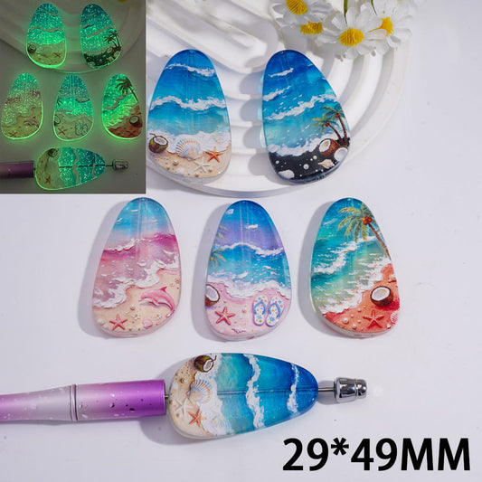 Luminous Irregular Water Drop with Beach Scenery Prints Acrylic Beads 29*49MM Random Mix