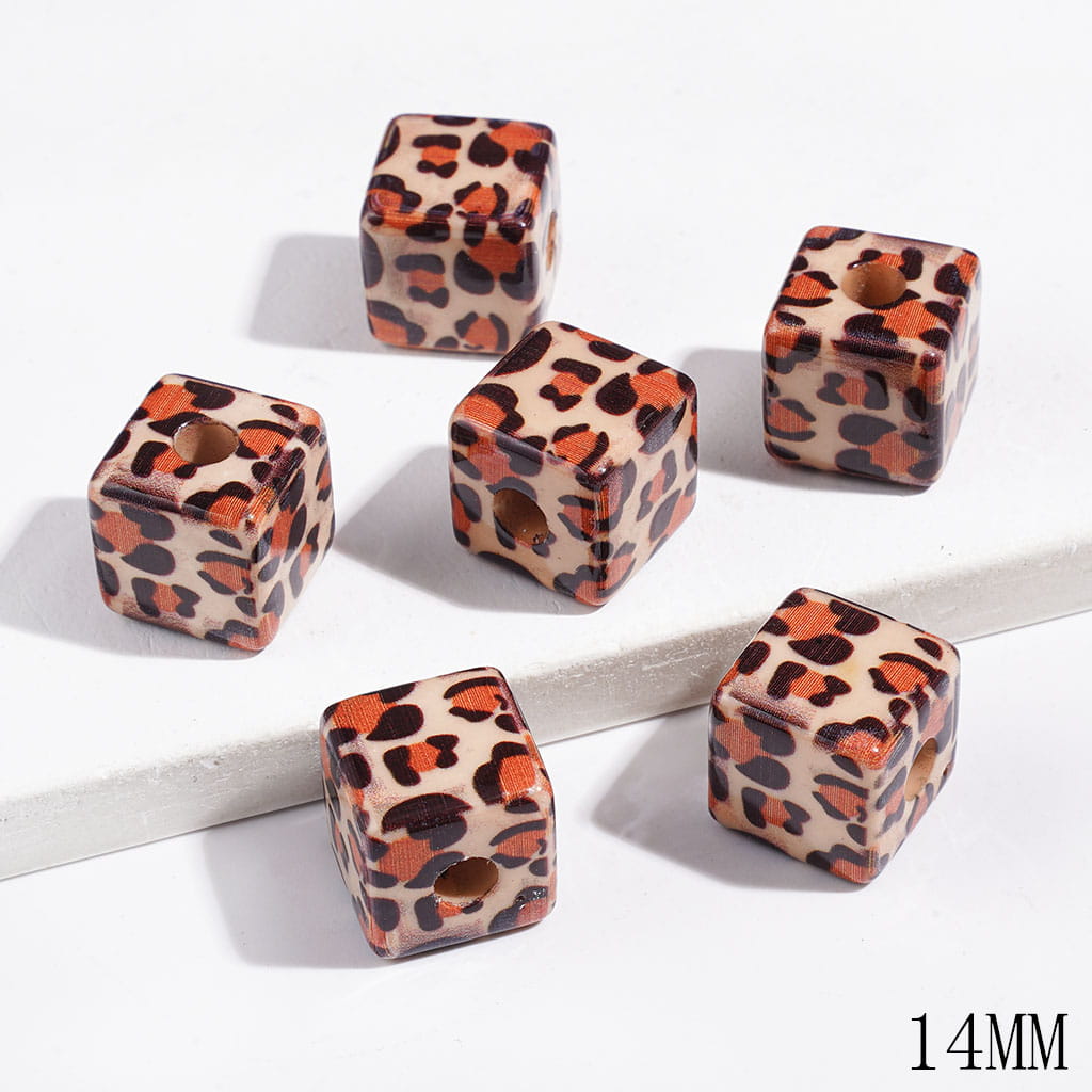 Classic Brown and Orange Bold Leopard Print Design Cube Square Shaped Acrylic Beads, 14MM