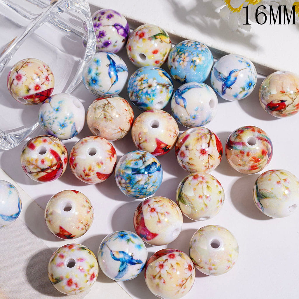 Acrylic Beads for Bracelets or Necklace UV Coating, with Hummingbird and Flower Pattern, 16MM, Random Mix, Multi-Color