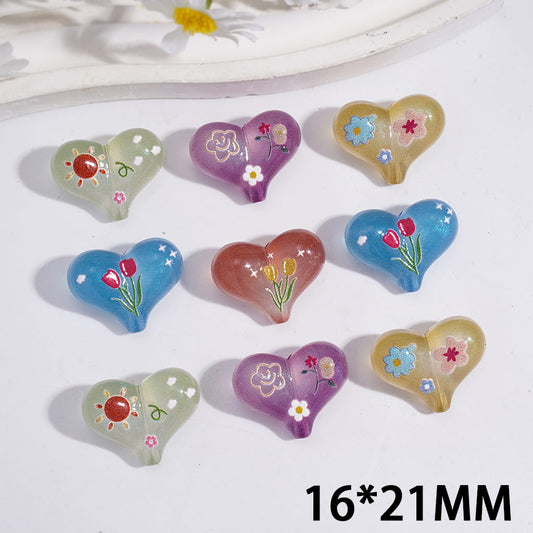 Glitter & Floral Sun Prints, Heart Shape Acrylic Beads Multi-Color 16*21MM Random Mix  (It's a little hard to stick into the pen pole)
