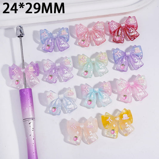 Cute Glitter Bowknot with Dessert Cake Theme Acrylic Beads 24*29MM, Random Mix