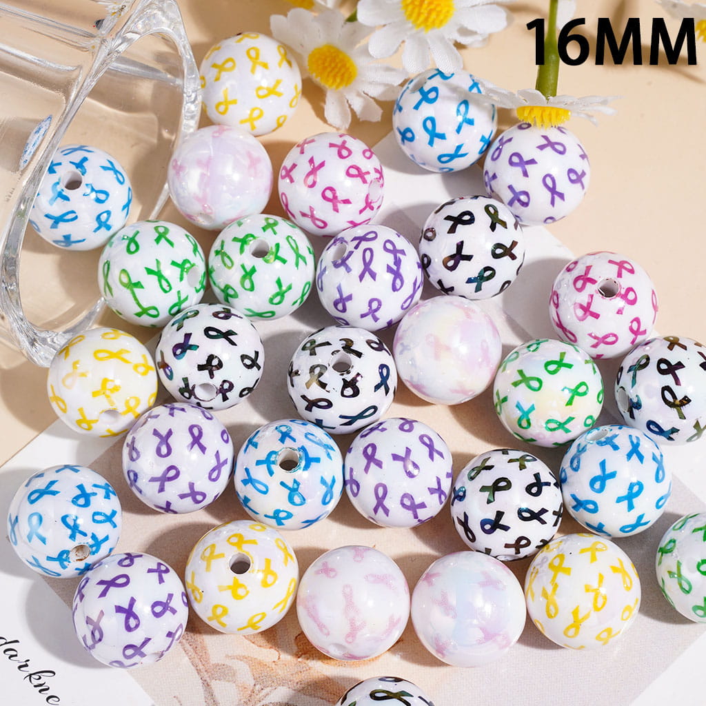 Acrylic Beads for Bracelets UV Coating Ribbon Bowtie in Breast Cancer Series, 16MM, Multi-Color, Random Mix