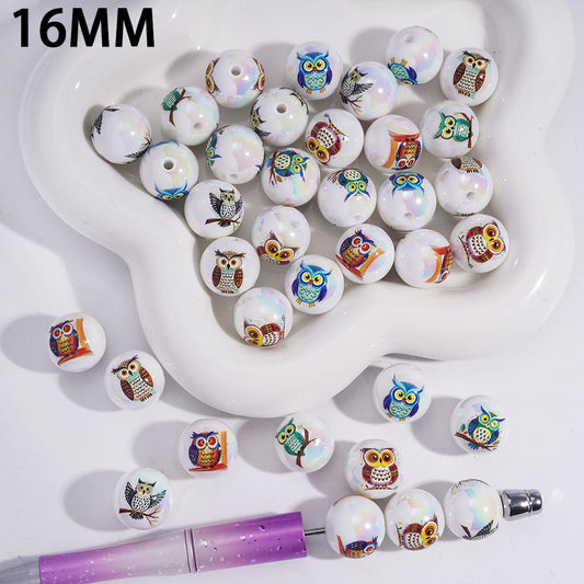 UV Coated Cute Owl Series Design Cartoon Animal Round Acrylic Bracelet Beads 16MM Random Mix