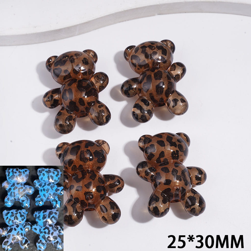 Luminous Glittery Red-Brown Leopard Print Bear with Raised Paw Design Acrylic Beads, 25*30MM