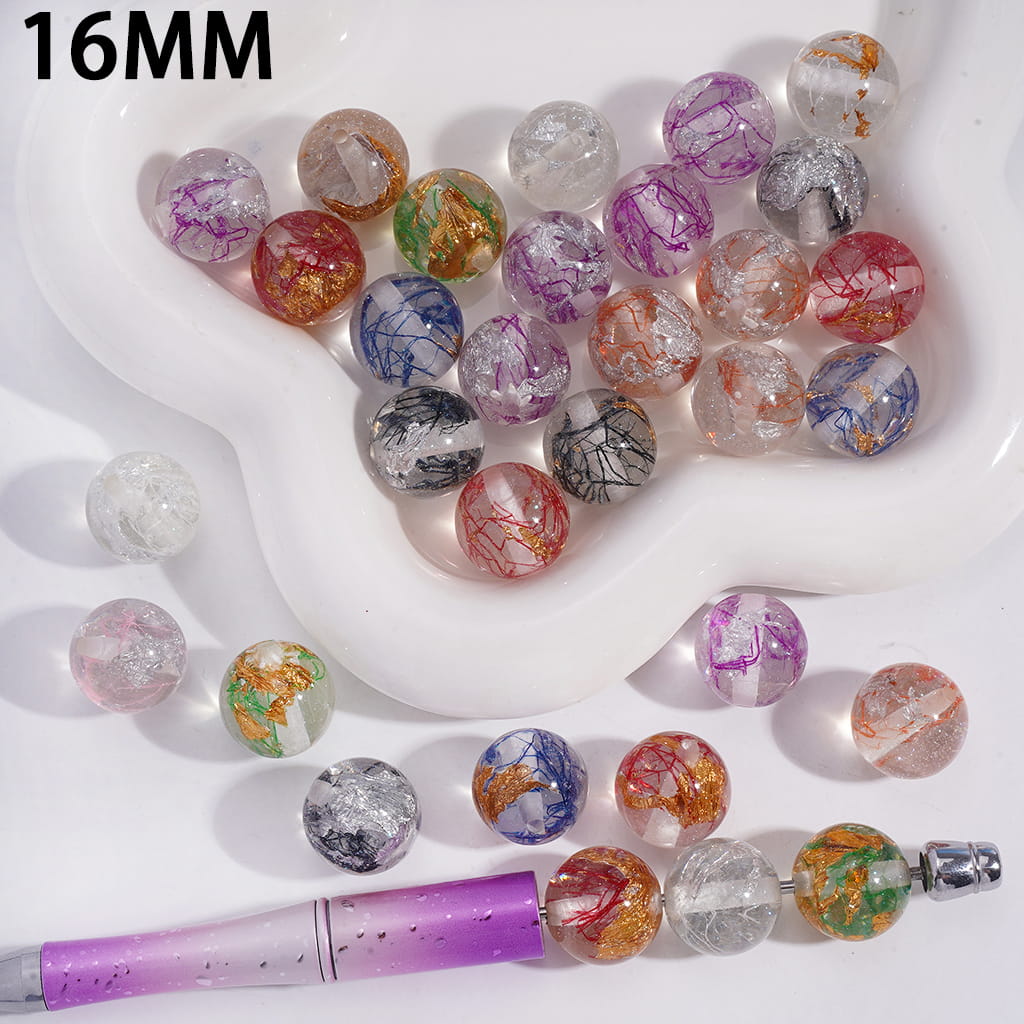 Silk Yarn and Silver Gold Foil Papers Embedded Inside Bead Round Acrylic Beads for Bracelets 16MM Random Mix