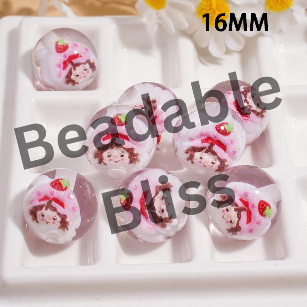 Clear Acrylic Beads for Bracelets with Berry Girl Character Embedded Inside Bead, 16MM