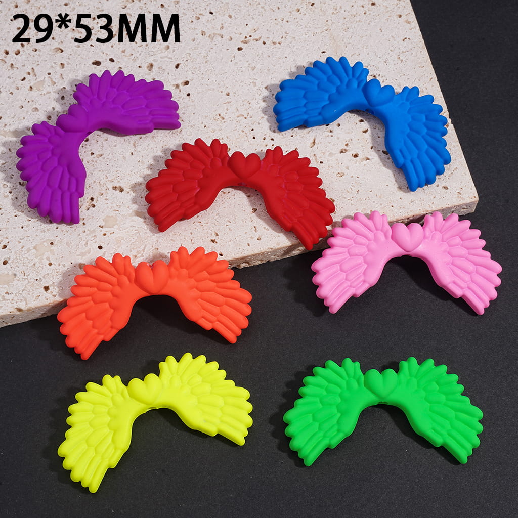 Matte Rubber-Touch Acrylic Heart Beads with Angel Wings in Fluorescent Colors, 29*53MM, Random Mix