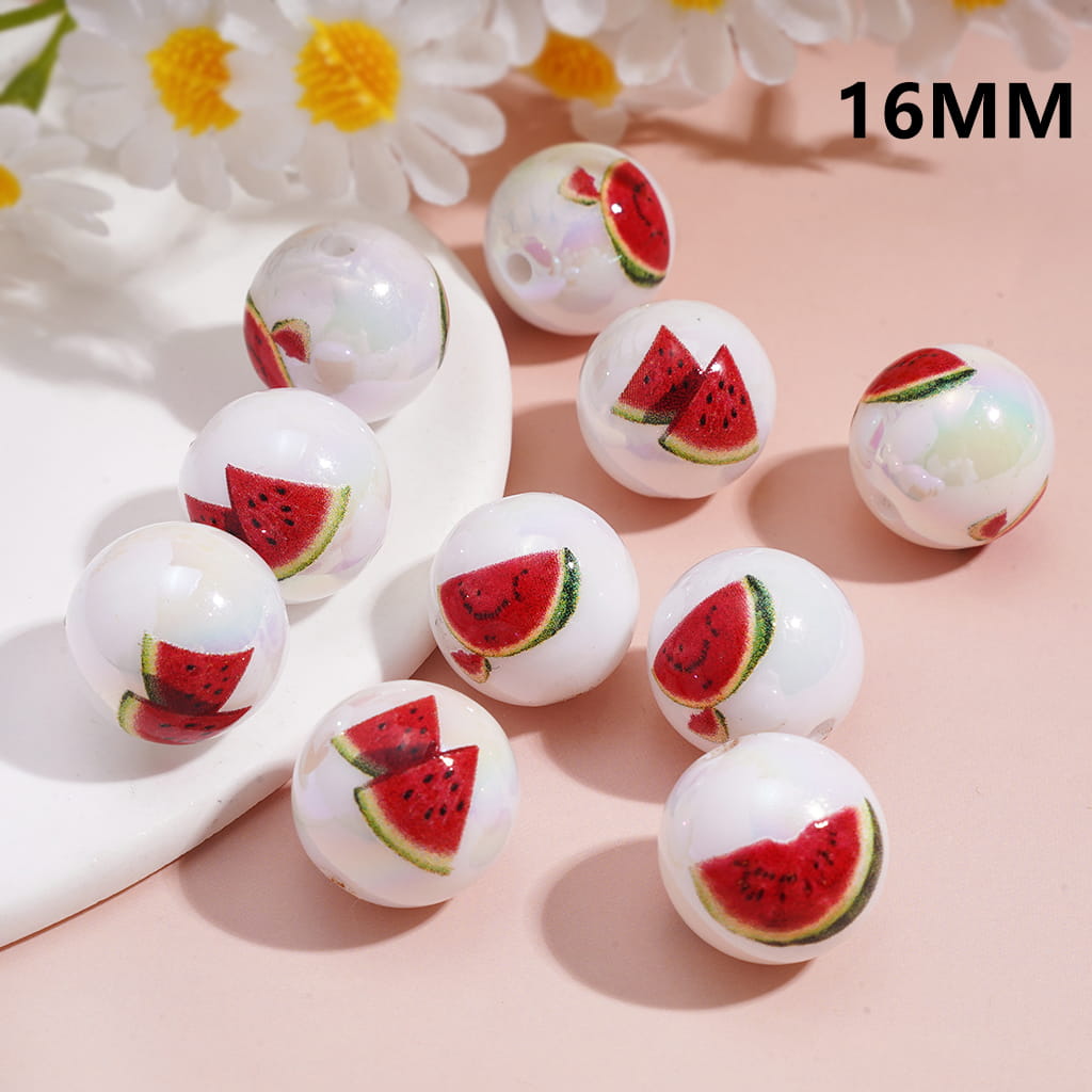 Summer Watermelon Pattern White Round Acrylic Beads 16MM, Random Mix