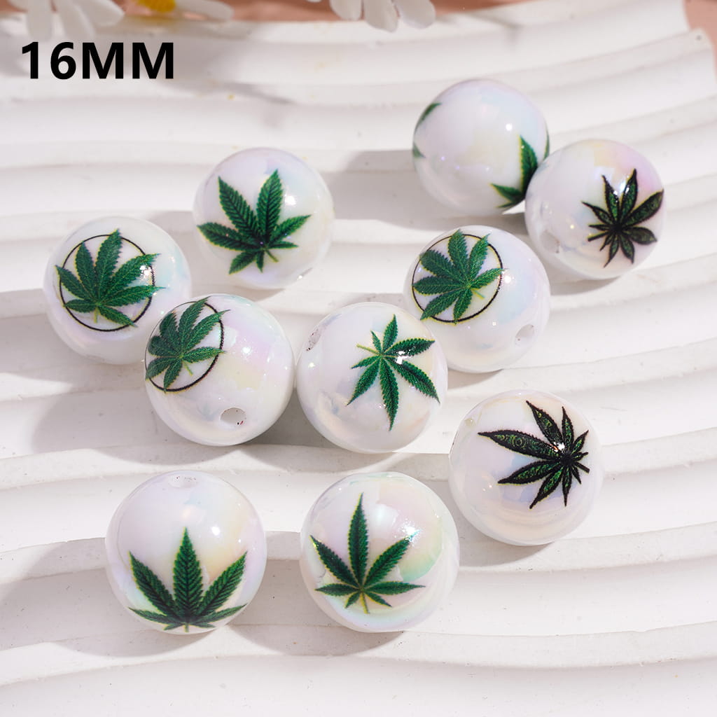 Nature Theme Green Leaf Pattern White Round Acrylic Beads for Bracelets 16MM Random Mix