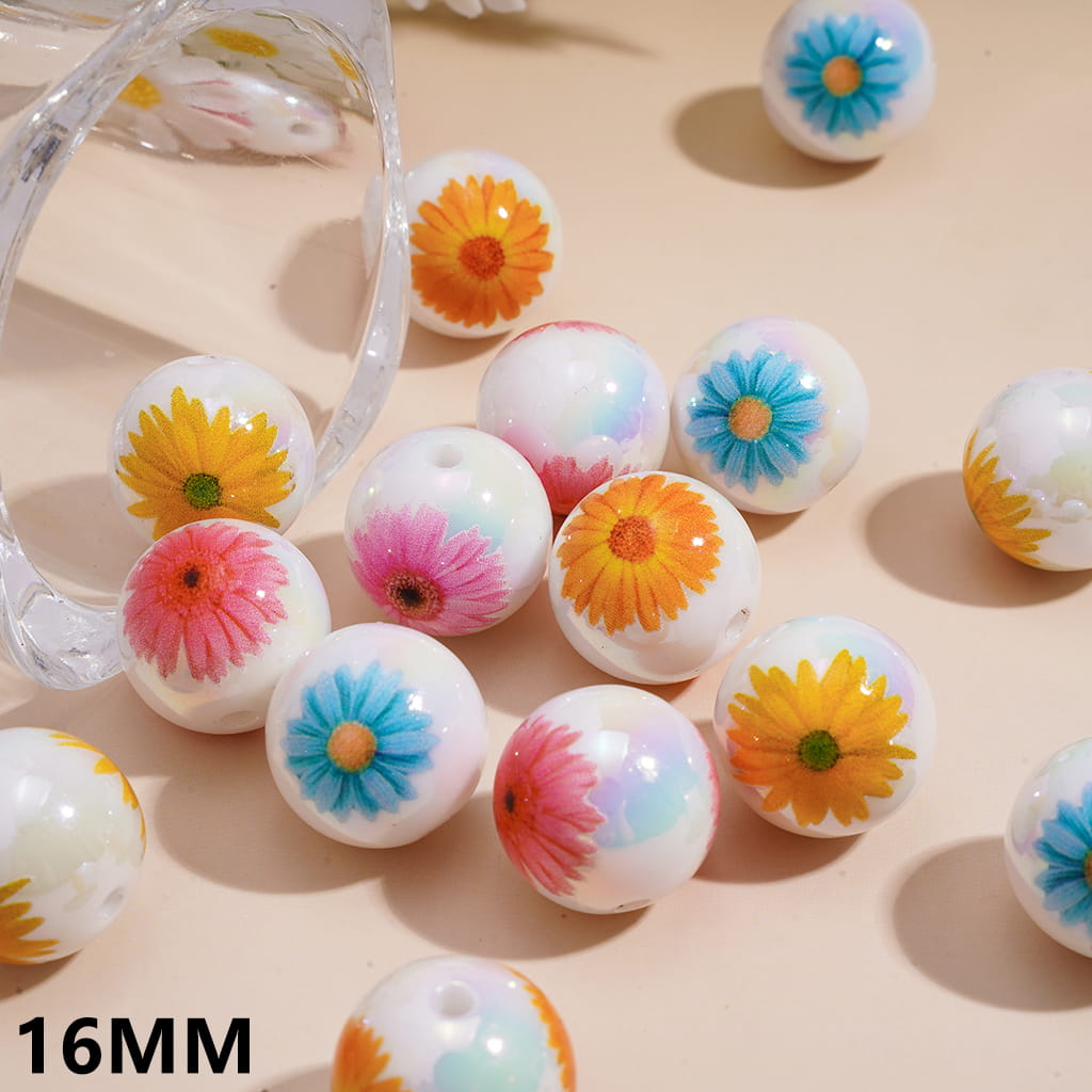 UV Coating Daisy Flower Prints White Round Acrylic Beads for Bracelets 16MM, Random Mix
