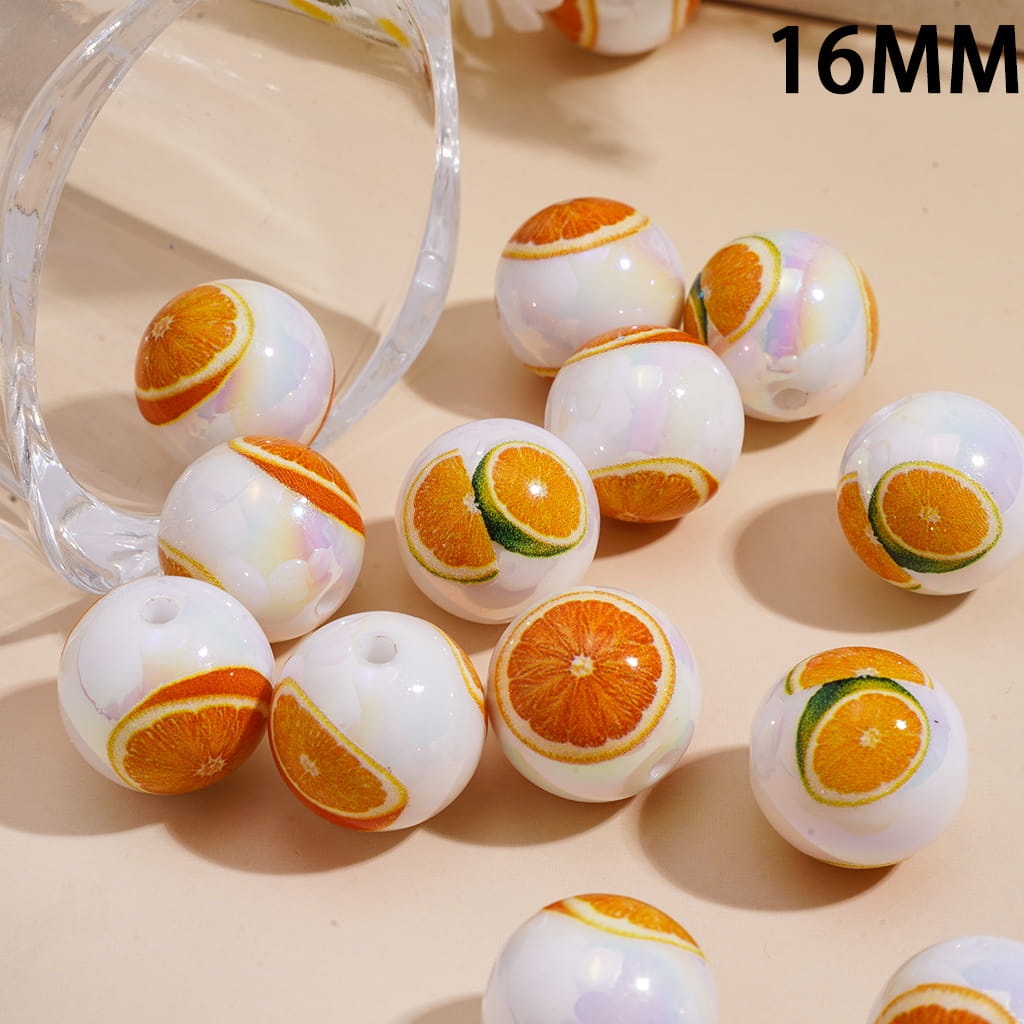 UV Coating with Fruit Orange Prints Round Acrylic Beads for Bracelets 16MM Random Mix