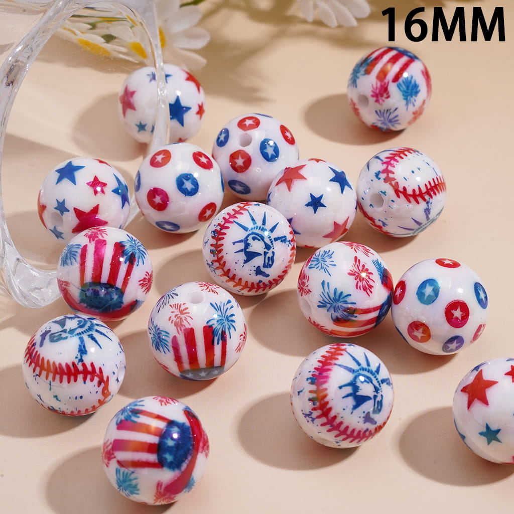 UV Coated USA Independence Day Theme Print on Round Acrylic Beads for Bracelets 16MM Random Mix