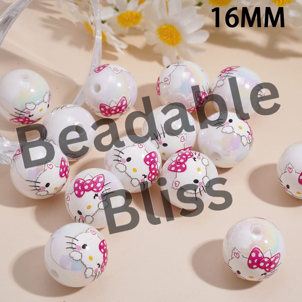 Acrylic Beads for Bracelets UV Coating Cute Cat Character with Pink Bowtie Prints, 16MM, Random Mix