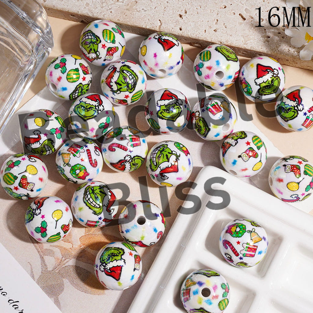 Green Character with Christmas Hat Gift Box Star Bell UV Finish Acrylic Beads for Bracelets, White Background, 16MM, Random Mix