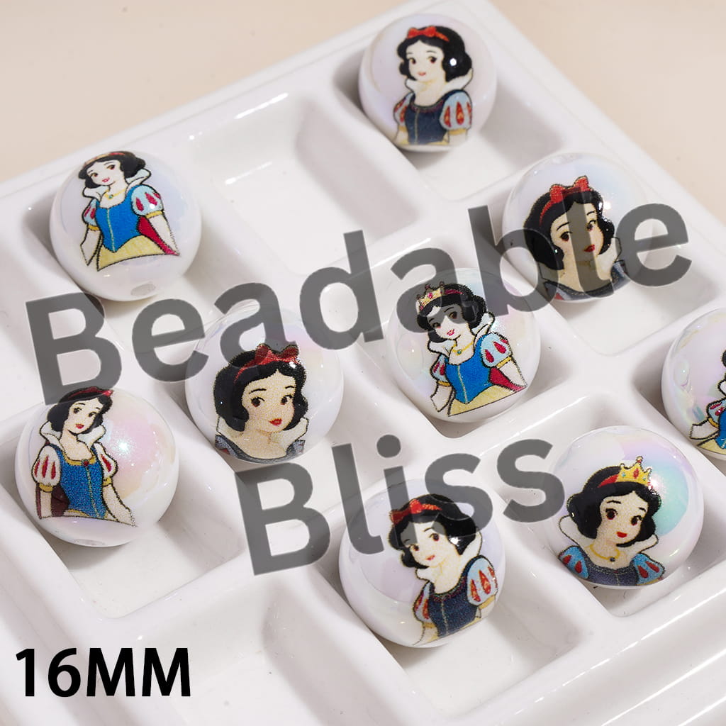 Acrylic Beads for Bracelets UV Coating with Classic White Snow Princess Prints, 16MM, Random Mix
