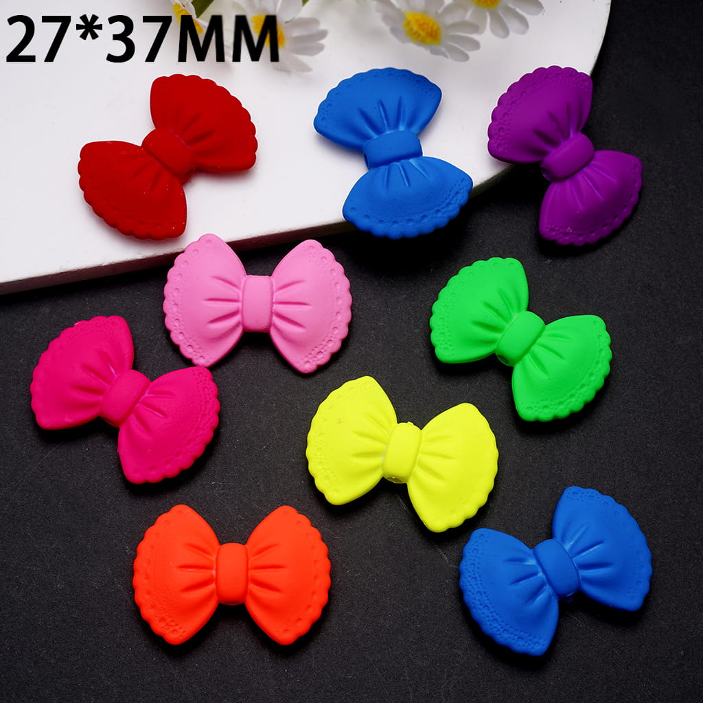 Acrylic Beads Bowtie with Lace Edge in Matte Rubber Touch, Fluorescence Colors, 27*37MM, Random Mix
