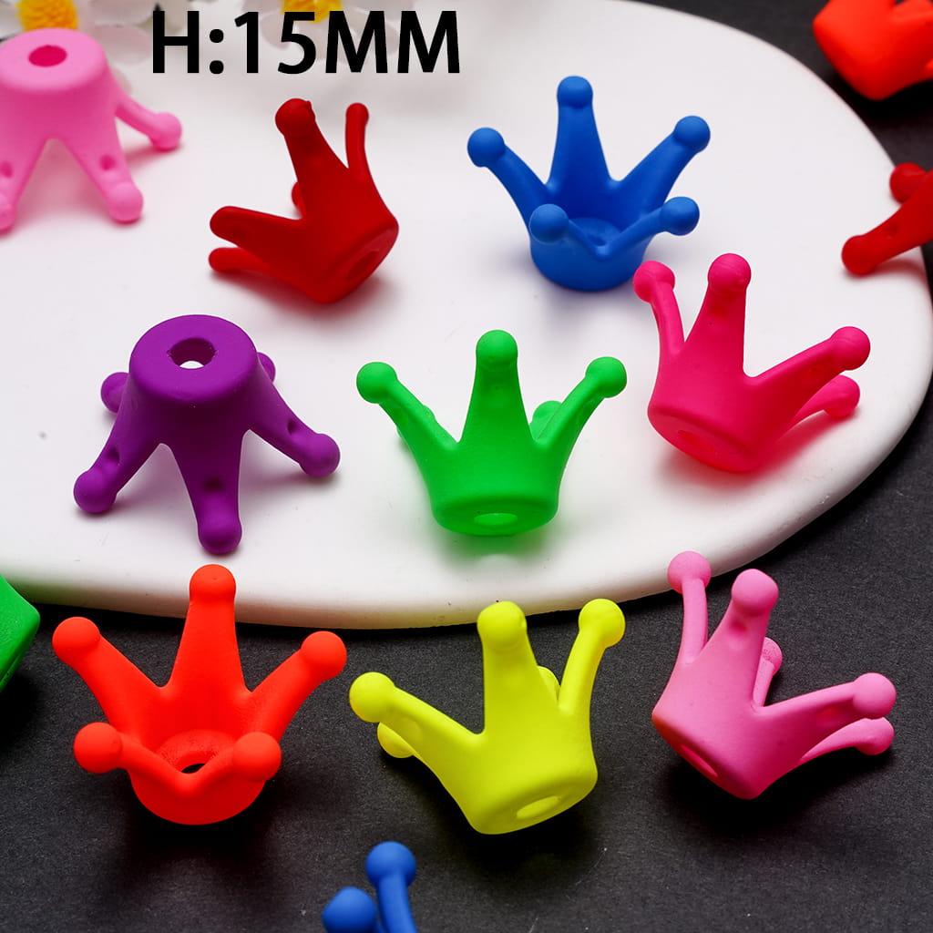 Acrylic Beads Crown in Matte Rubber Touch, Neon Colors, Height 15MM, Random Mix