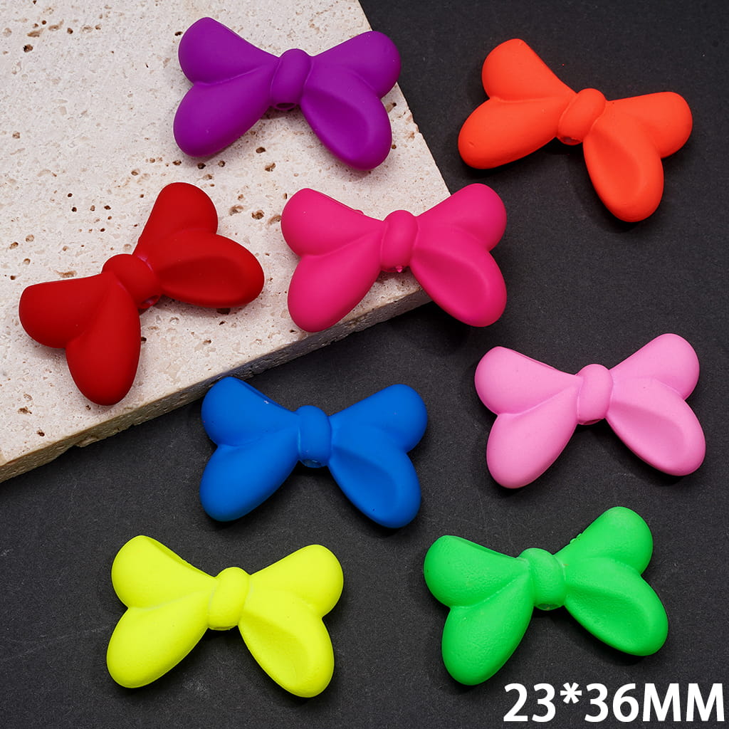 Bowknot Acrylic Beads in Matte Rubber Touch, Neon Colors, 23*36MM, Random Mix