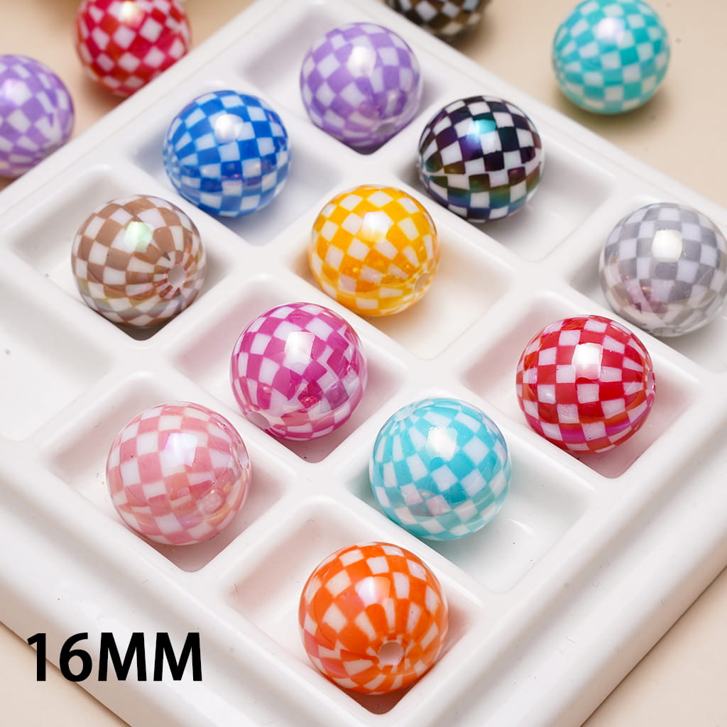 Acrylic Beads for Bracelets UV Coating Checkered Patterns, 16MM, Various Colors, Random Mix