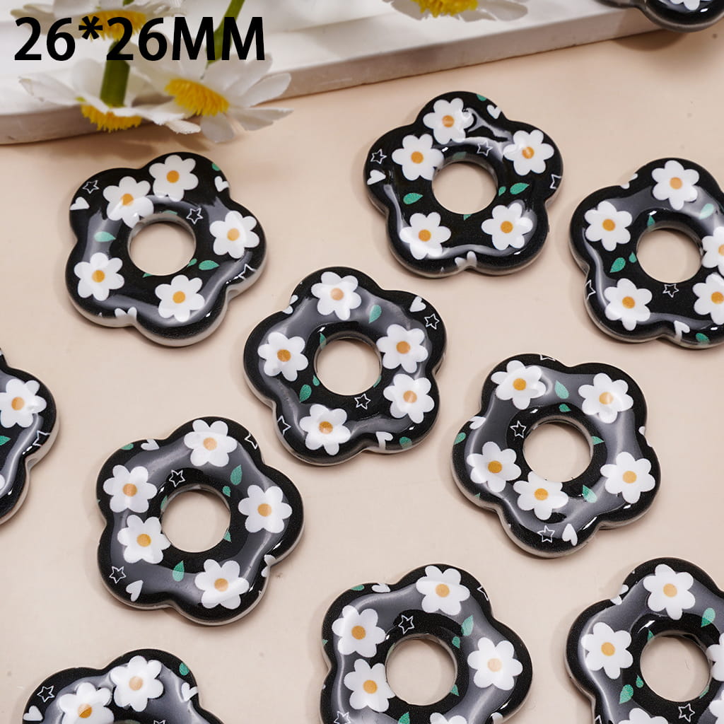 Hollow Black Flower Acrylic Beads with White Daisy Flowers Prints, 26*26MM