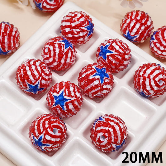 American Flag with Clear Rhinestones Round Acrylic Beads 20MM