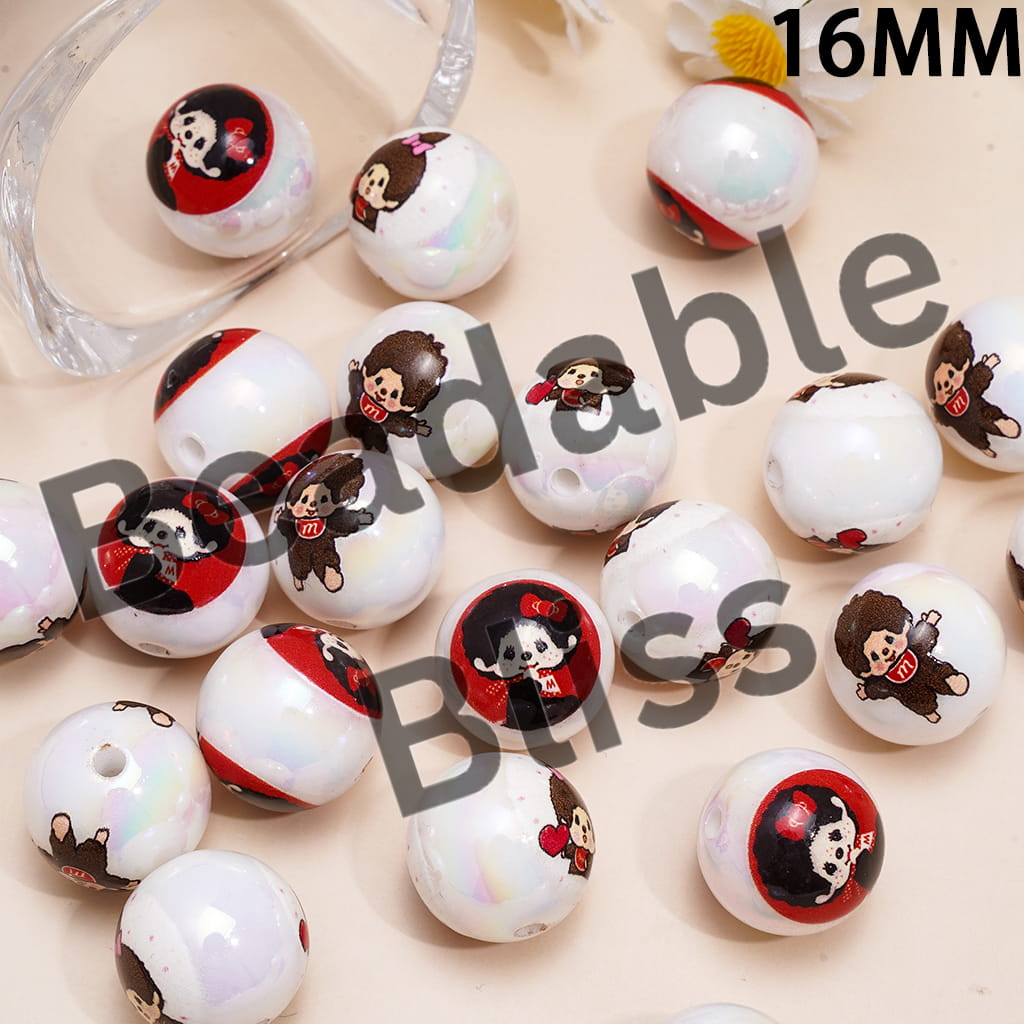 Acrylic Beads for Bracelets UV Coating Monkey Doll Character Series, 16MM, Random Mix