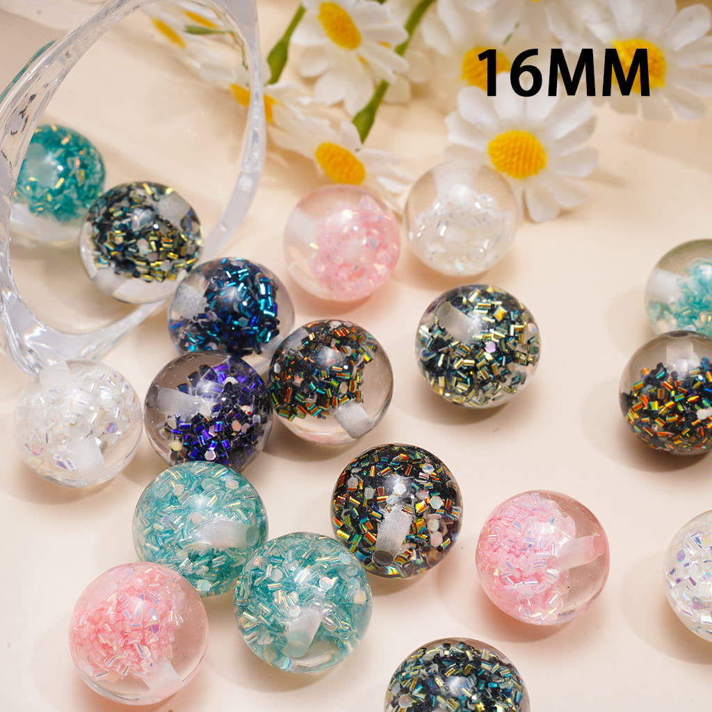 Acrylic Beads with Confetti Flake Cylinder Embedded Inside Bead, 16MM, Various Color, Random Mix