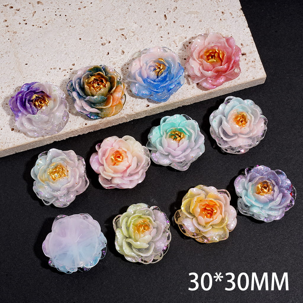Acrylic Beads Ombre Color Peony Flower with Shiny Glitters, 30*30MM, Random Mix