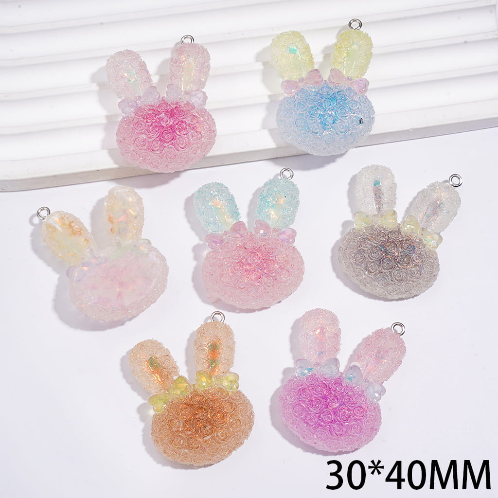 Acrylic Charm Pendants Matte Ombre Color Bunny Head w Rose Flower and Bowtie, Broken Gold Flakes Inside, 30*40MM, Random Mix