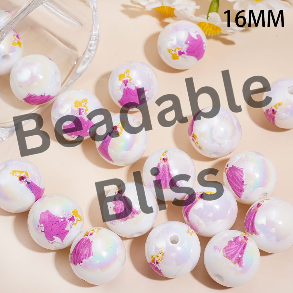 Acrylic Beads for Bracelets UV Coating with Sleeping Pretty Princess Character Series, 16MM, Random Mix