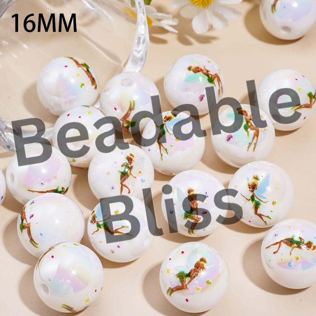 Acrylic Beads for Bracelets UV Coating with Flying Fairy Character Prints, 16MM, Random Mix