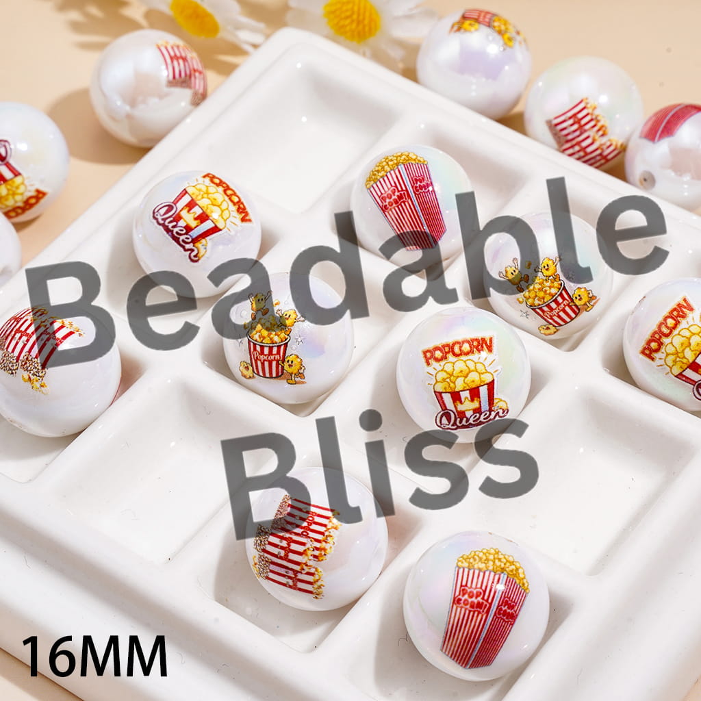 Acrylic Beads for Bracelets UV Coating with Popcorn Prints, 16MM, Random Mix